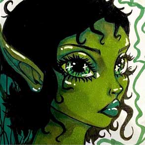 green elf face with long curly black hair