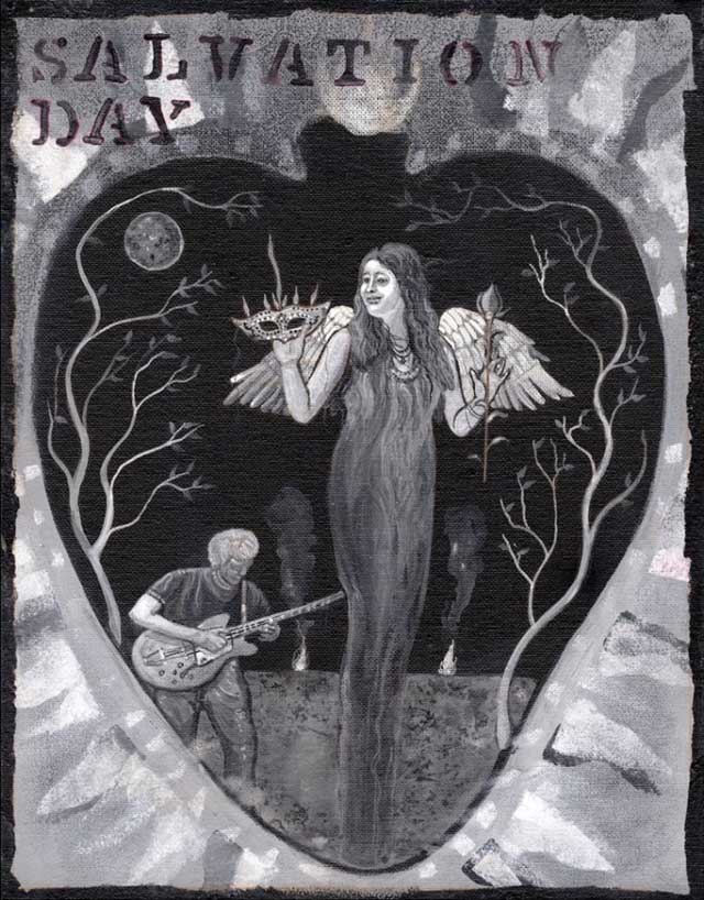 heart with a guitar player and an angel, surrounded by two trees, SALVATION DAY