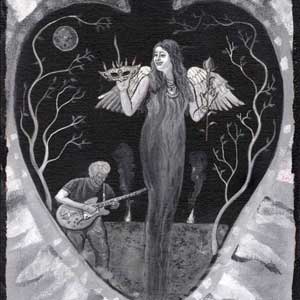 heart with a guitar player and an angel, surrounded by two trees, SALVATION DAY